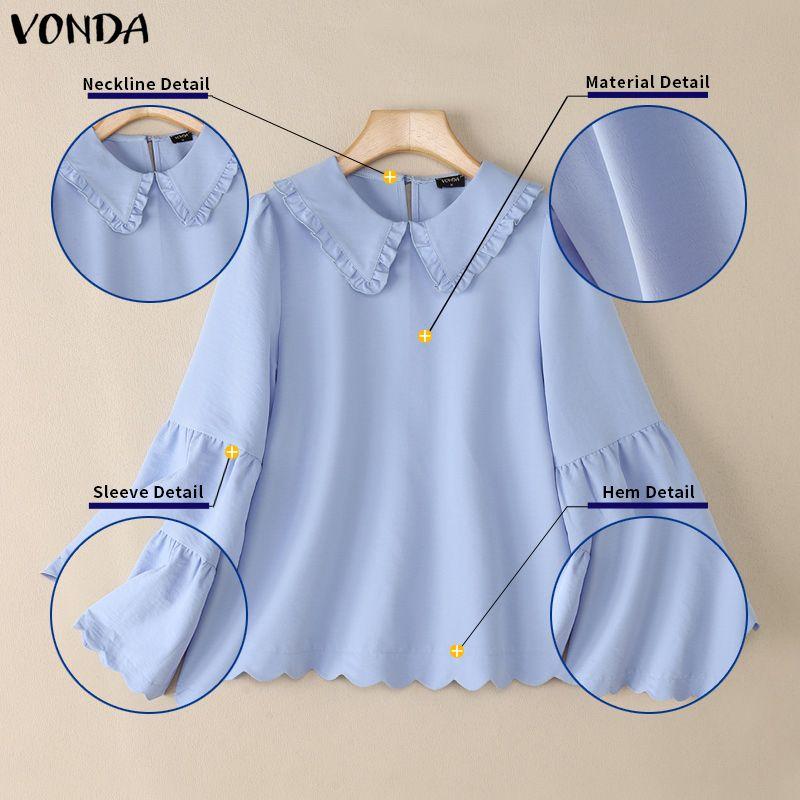 VONDA Women Casual Turn Down Collar Flare Sleeve Casual Loose Blouse