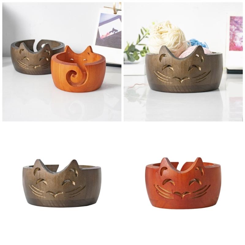 Wood Yarn Storage Bowl Wood Weaving Thread Bowl with Carved Holes Yarn Organiser for Crochet