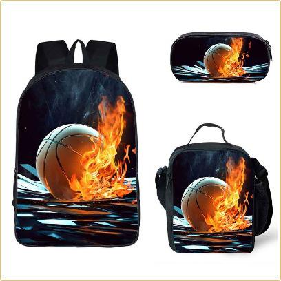 Set Scolastico Tre Pezzi Zaino Borsa Portapenne Borsa Pranzo Zaino con Immagini Street Tide Pallacanestro Calcio Set Zaino