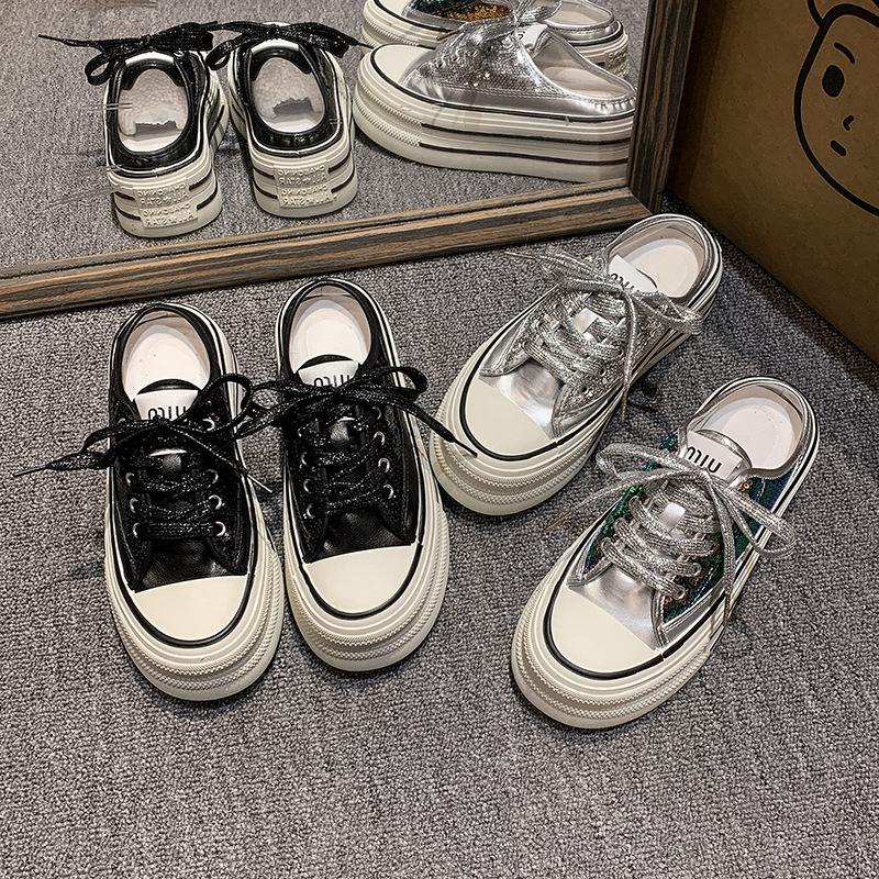 European products popular bag head half slippers women's 2025 spring new thick-soled heightening niche canvas shoes super fire white shoes