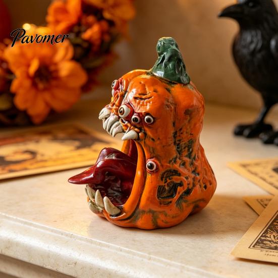 Horror Pumpkin Tabletop Decor Halloween Evil Figurine, Ornament with Multi Eyes and Spooky Decorations Fangs, Demon Resin Statue for Party Decoration