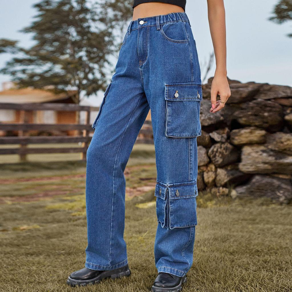 European-American Wash Denim Multi-Pocket Workwear Pants for Women