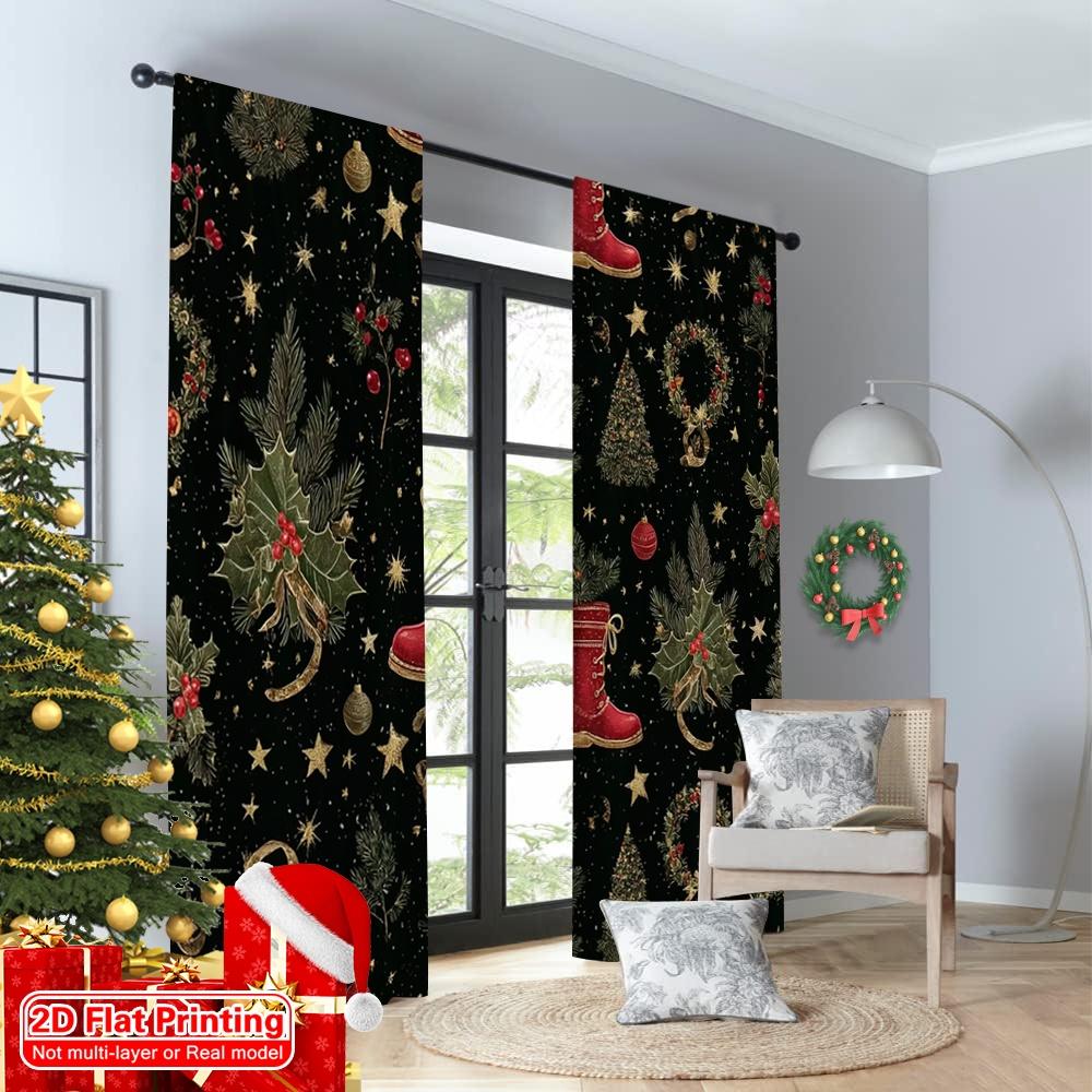 Set Of 2 Flat Printing Merry Christmas Party Curtains Santa Boots Ball Tree Retro Green Red Digital Printed Polyester Drapes Curtain