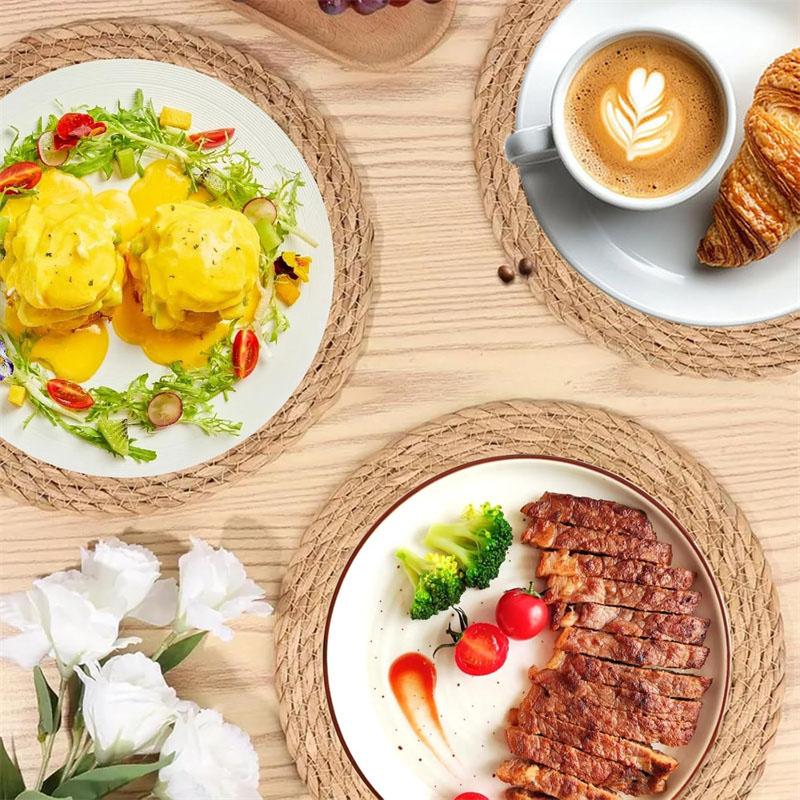 8 Stück Runde Gewebte Platzsets Set Natur Handgewebt Wasserhyazinthe Platzset Stroh Geflochtene Rattanmatten für Küche Esstisch