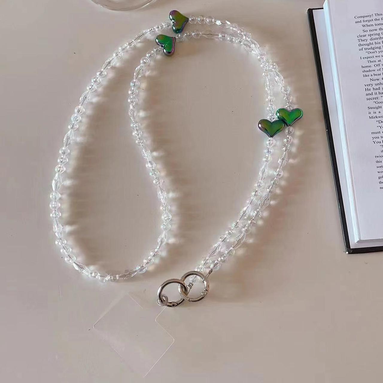 

Phone Chain Crossbody Strap 120cm Heart Transparent Beaded Shoulder Lanyard with Tether Tab Dark Green