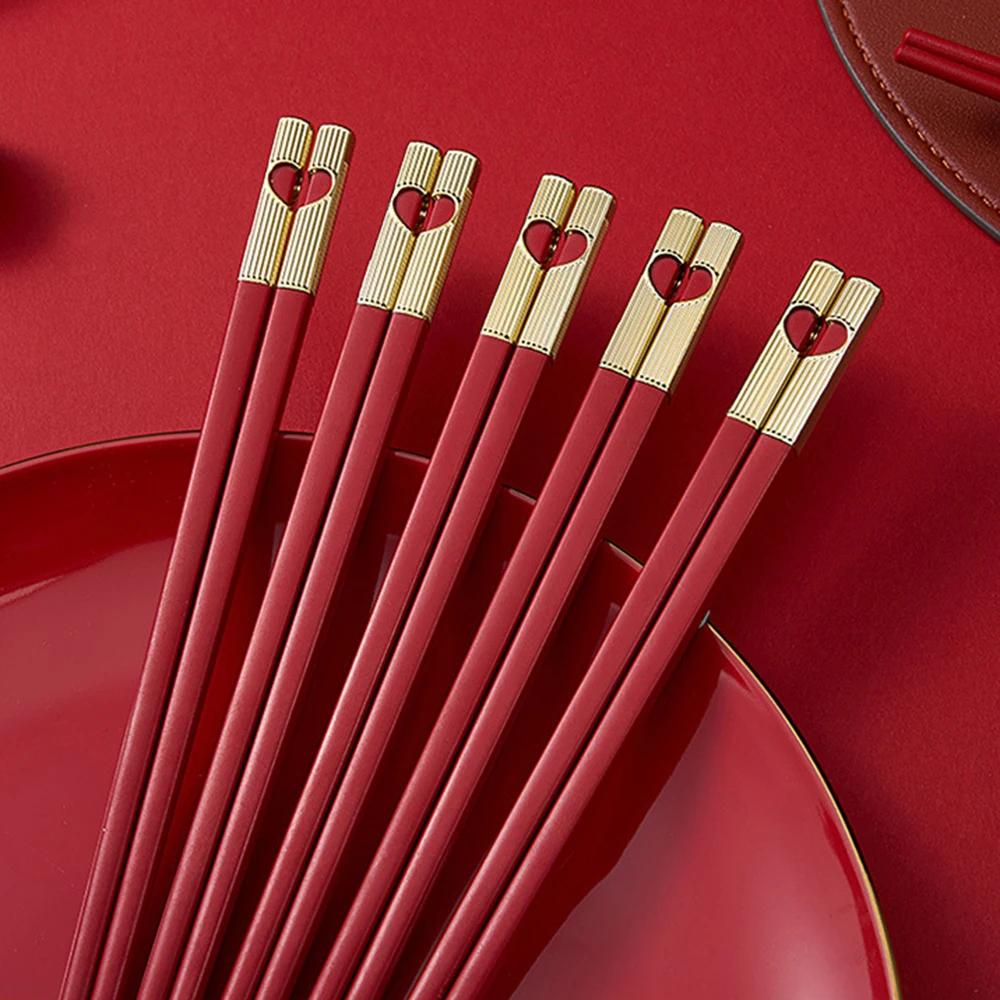 5 Pair Red Heart pattern Chopsticks Reusable 24cm Chinese Chopstick for Weddings Korean Japanese Sushi Chop Sticks Set