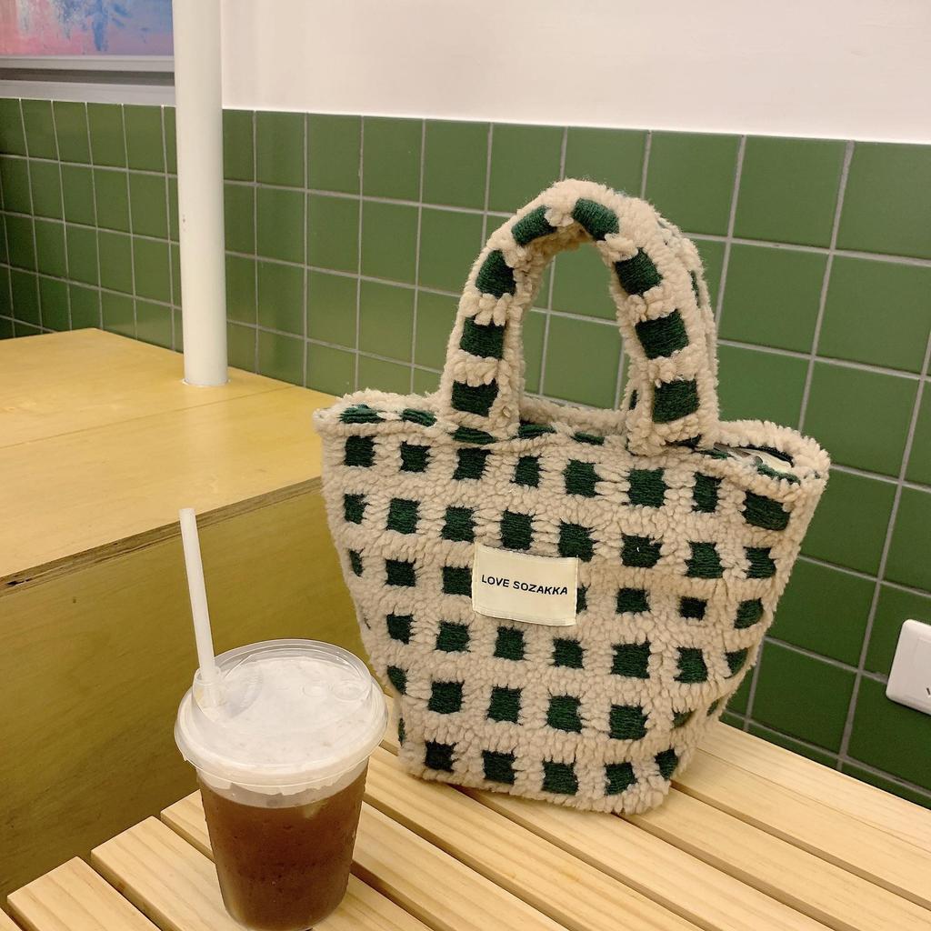 Jesienno-zimowa gofra z włosia jagnięcego Śliczna podręczna torba z grubej bawełny Damska przenośna torebka o dużej pojemności