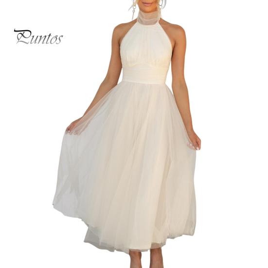 

Жіноча вечірня сукня зі шнурівкою, високим коміром, без рукавів, з відкритими плечами, без рукавів, багатошаровий сітчастий поділ, суцільний колір трапеції для випускної вечірки для подружок нареченої M абрикосовий