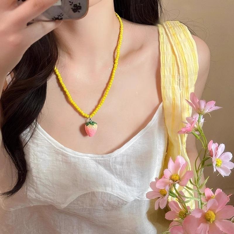 Trend Jewelry Dopamine Colored Apple Strawberry Lemon Fruits Pendant Bead Necklace for Women Y2K Cute Choker Party Necklace