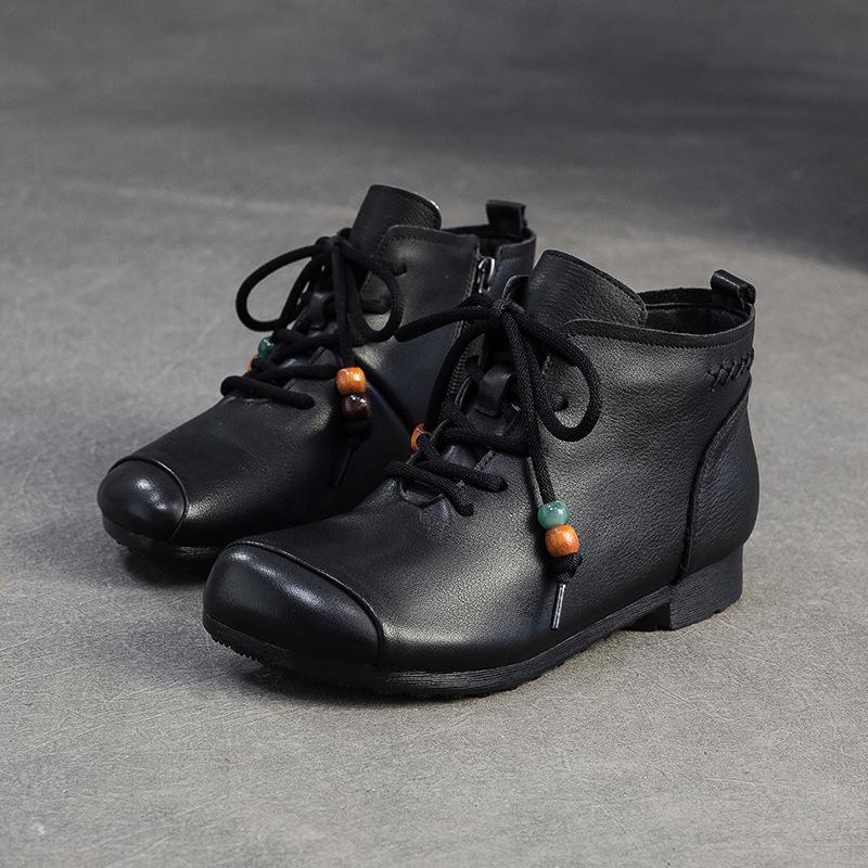 Johnature Retro Round Toe Genuine Leather Ankle Boots Versatile Soft Soled Comfortable Women's Shoes