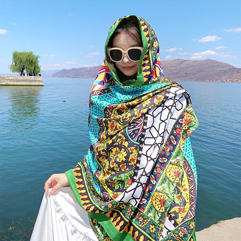 Summer Cotton and Linen Scarf Women's New Bohemian Ethnic Style Oversized Shawl Dual-purpose Summer Sunscreen Beach Silk Scarf
