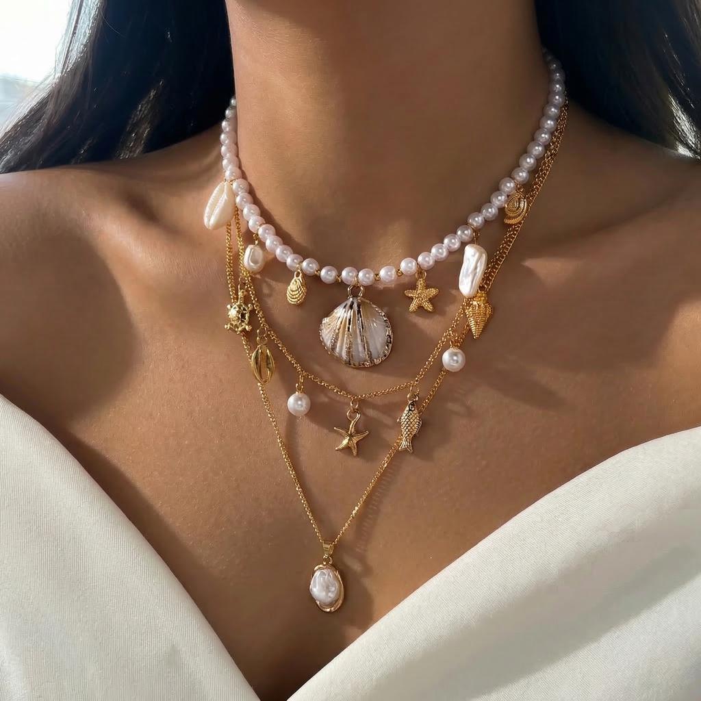 Boho Shell Starfish Conch Simulated Pearl Necklace Set 3Pcs Summer Beach Choker For Women Vacation Jewelry
