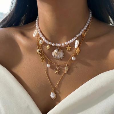 Boho Shell Starfish Conch Simulated Pearl Necklace Set 3Pcs Summer Beach Choker For Women Vacation Jewelry