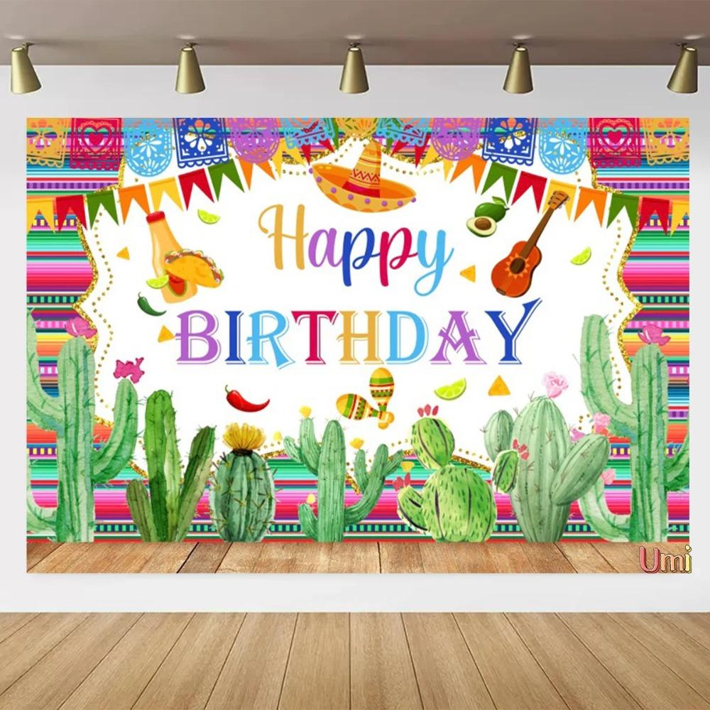 May 5th Mexican Festival Cactus Themed Banner Backdrop Colorful Flags Children Party Birthday Decoration Photography Backdrop