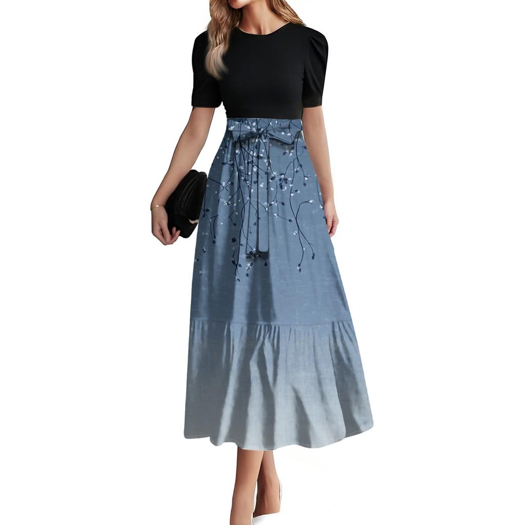 Women's Fashion Casual Belt Short Sleeve Print Round Neck Stitching Elegant Temperament Dress