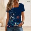 Women Plus Size Short Sleeve U Neck T Shirt Firework Star Festive Print Dark Blue Top