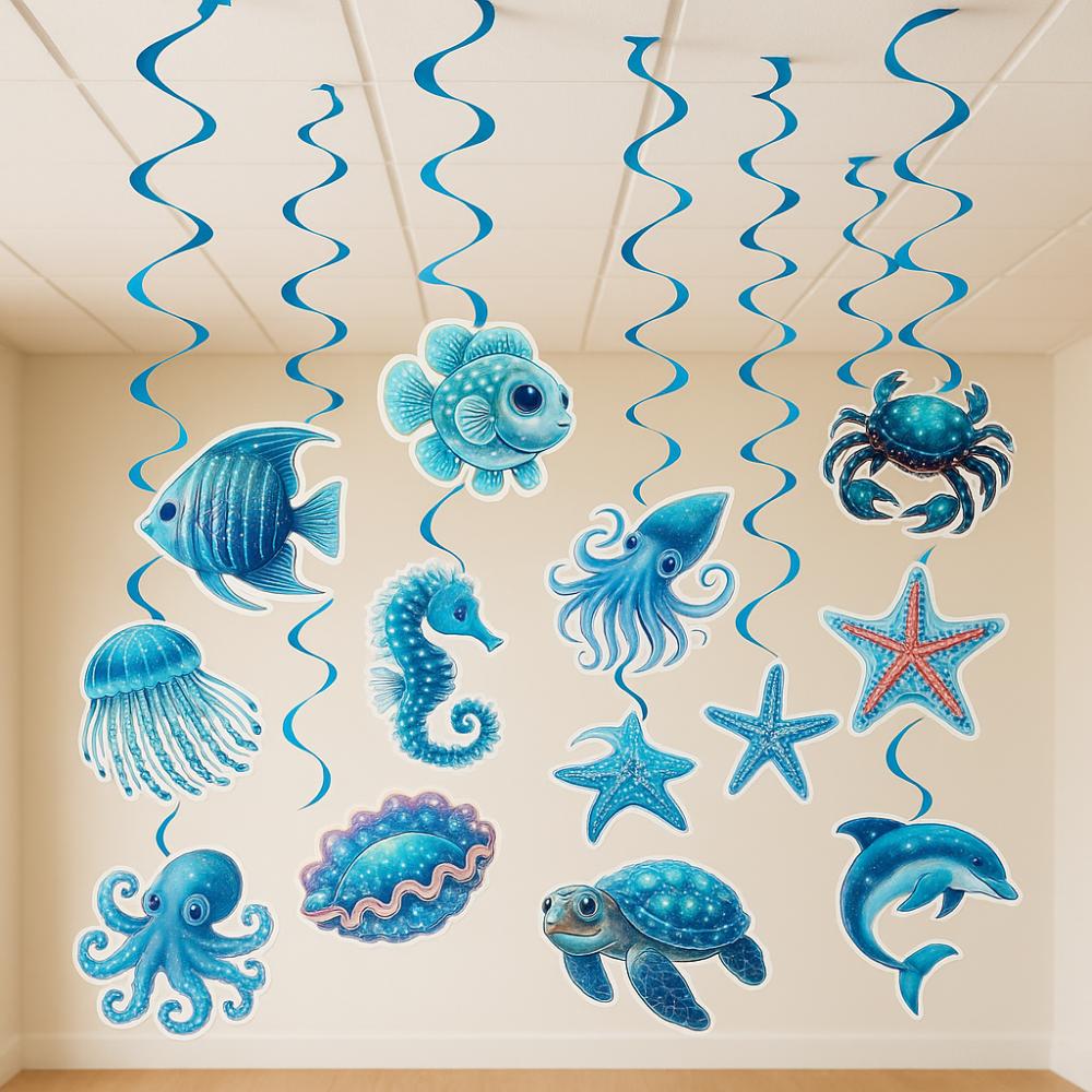 12pcs Paper Hawaiian Spiral Hanging Tag Waterproof Ocean Theme Pendant  Party Favors