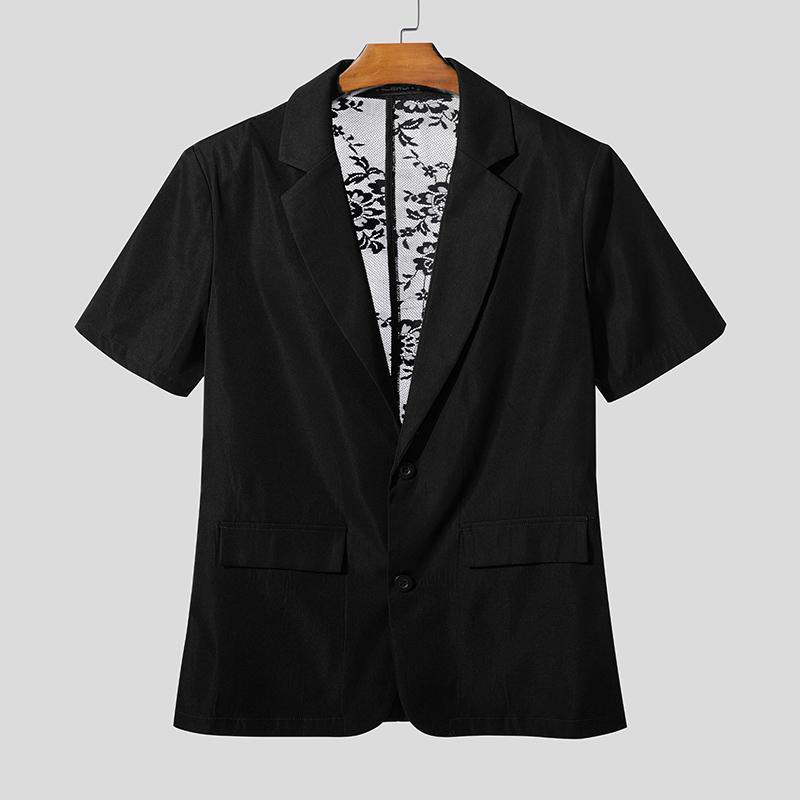 INCERUN Oversized Men Lapel Neck Short Sleeve Back Lace Casual Blazer Tops