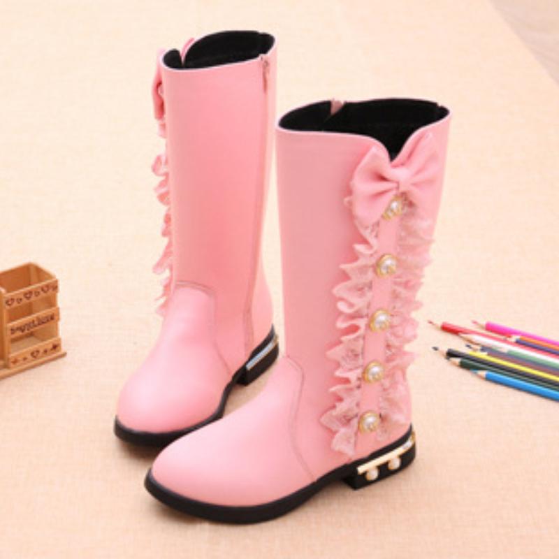 Girls' Boots Autumn/Winter Korean Edition Children's High Top Boots with Velvet for Big Boys and Princess Long Top Boots for Little Girls