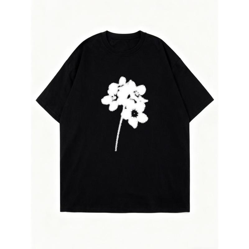 Black Oversized T Shirt With White Floral Print For Casual Wear