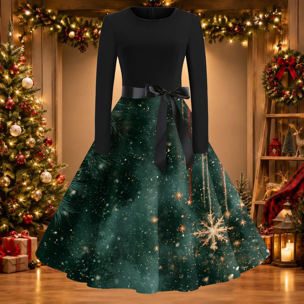 Women's Casual Christmas Print Neck Vintage Dress for Holiday Party