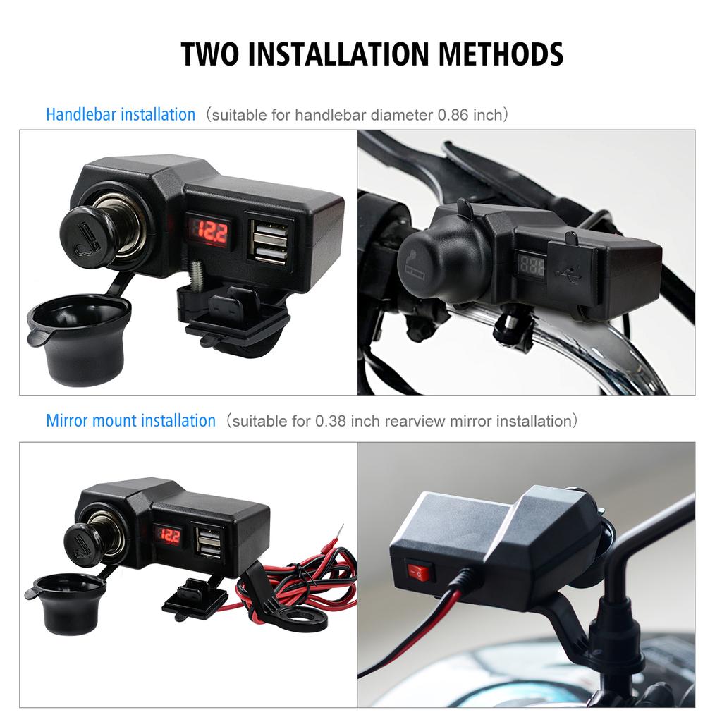 12V 2.1A Motorrad Doppel-USB-Handyladegerät mit Ein-Aus-Schalter & LED-Voltmeter & Zigarettenanzünder, Motorradlenkerklemme, Wasserdicht