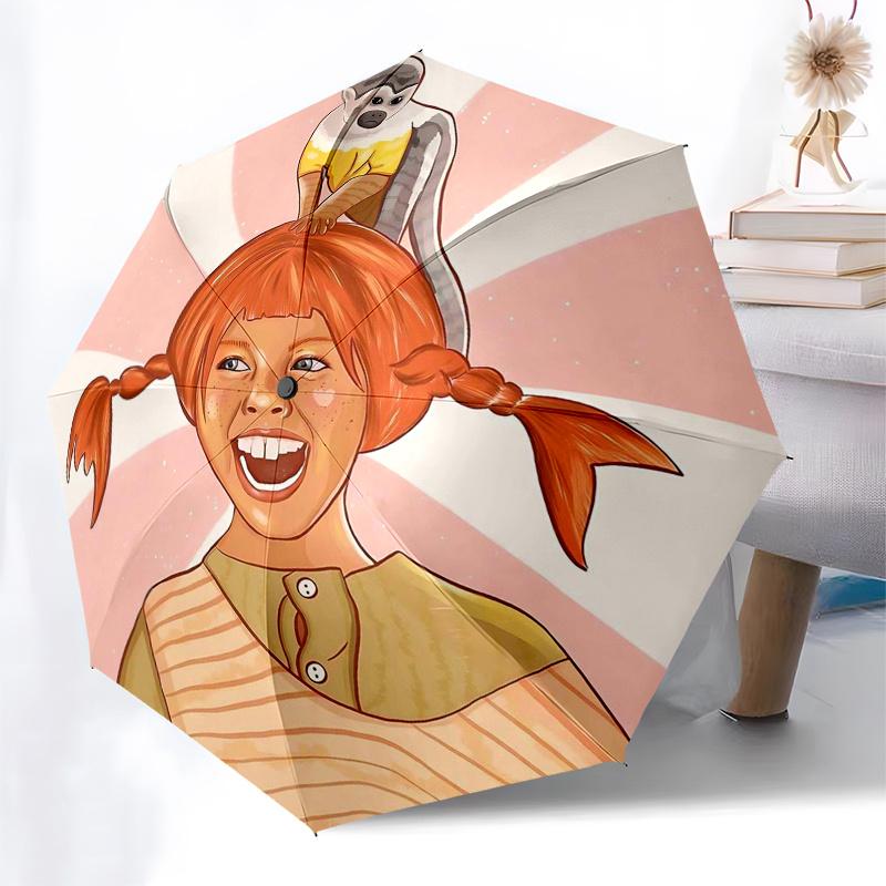 Pippi Longstocking Themed Travel Umbrella-8 Ribs Automatic Opening and Closing, Portable Folding Design, Compact and Stylish Umbrella Suitab