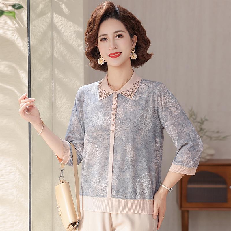 

Summer 2026 Rhinestone Seven-Sleeve Lapel T-shirt for Middle-Aged and Elderly Women - Stylish Mom Outfit 130 (Recommends 150-165 jin) серый/синий