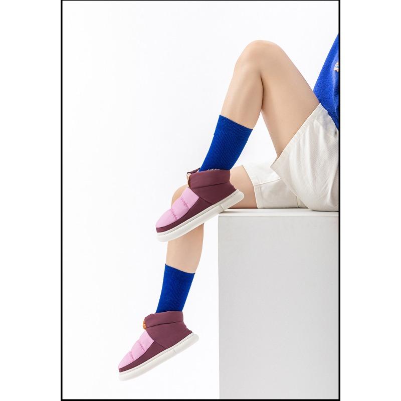 Fall/Winter Mid-Calf Down-Filled Cotton Boots Color-Blocking Couple's Style Outerwear for Men and Women Warm Fleece Lining Thickened Design