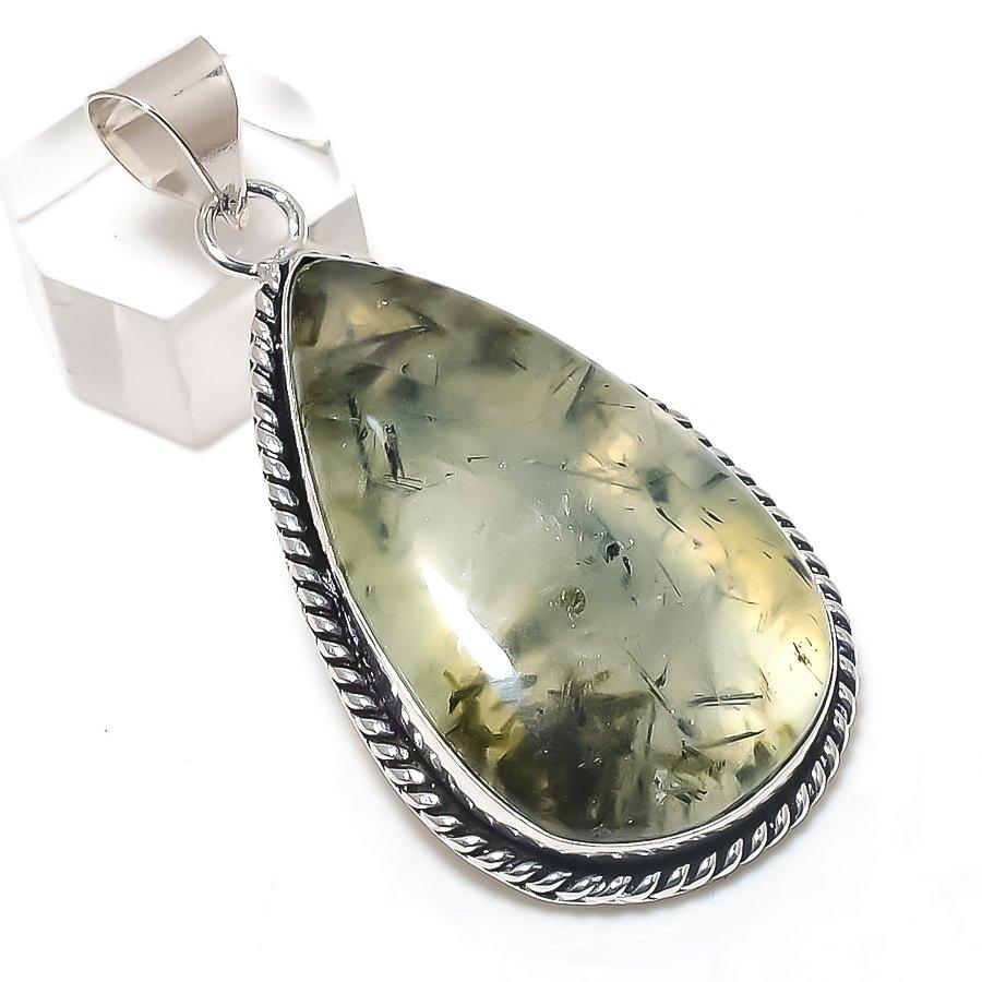 Moss Prehnite Gemstone Handmade 925 Sterling Silver Jewelry Pendant 2.36" F7z72