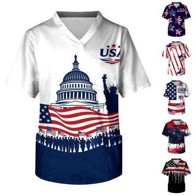 Men's V Neck Scrub Top with Chest Pocket American Flag Print Short Sleeve Medical Uniform Shirt for Healthcare Professionals