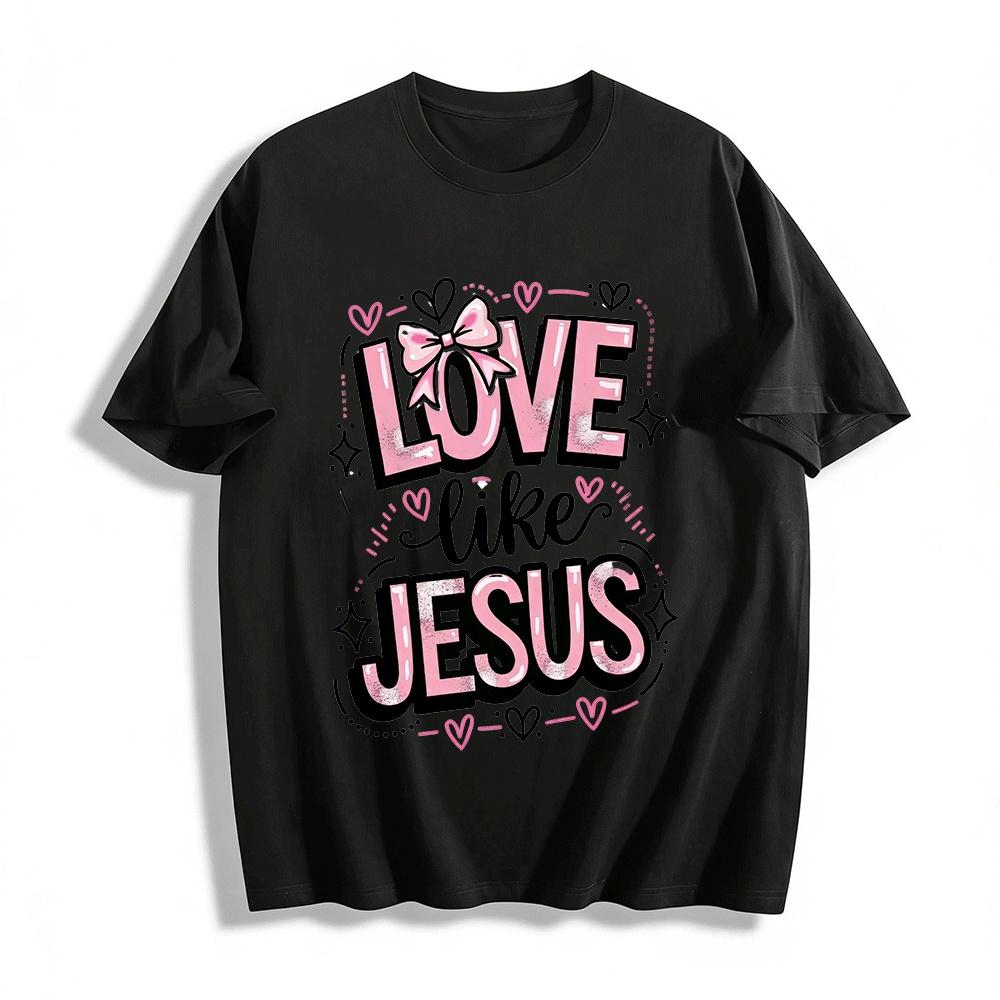 Love Like Jesus Pink Bow Print Casual Short Sleeve T-Shirt Pure cotton T-shirt XXS