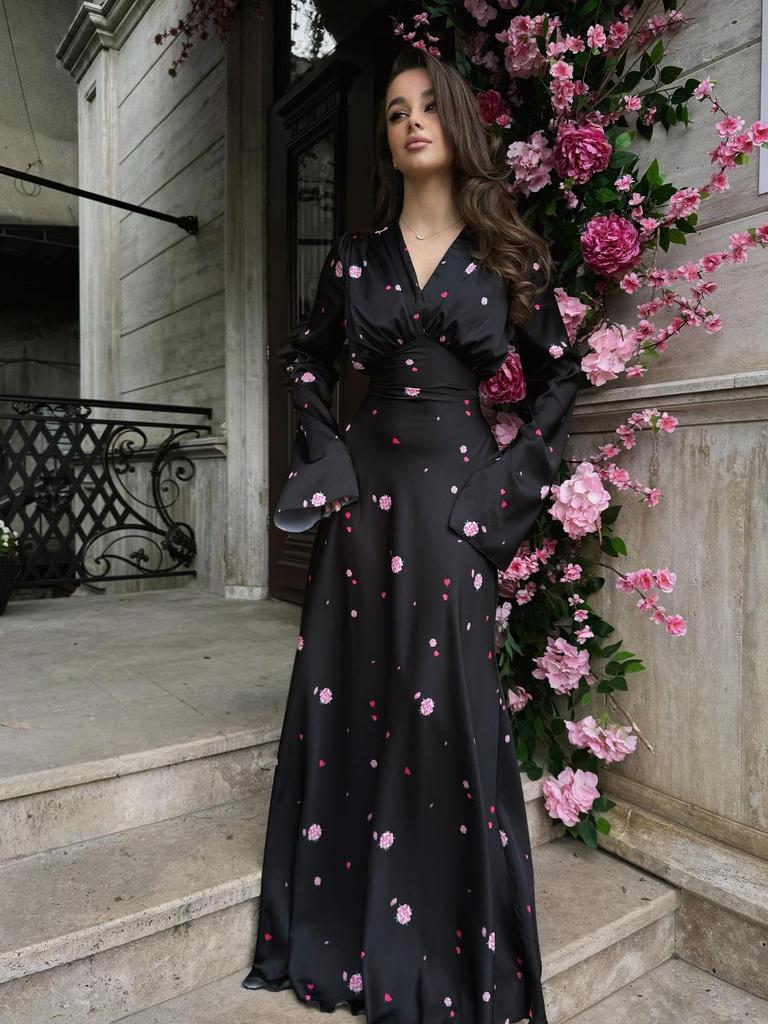 2025 Spring High-End French V-Neck Satin Print Swing Dress