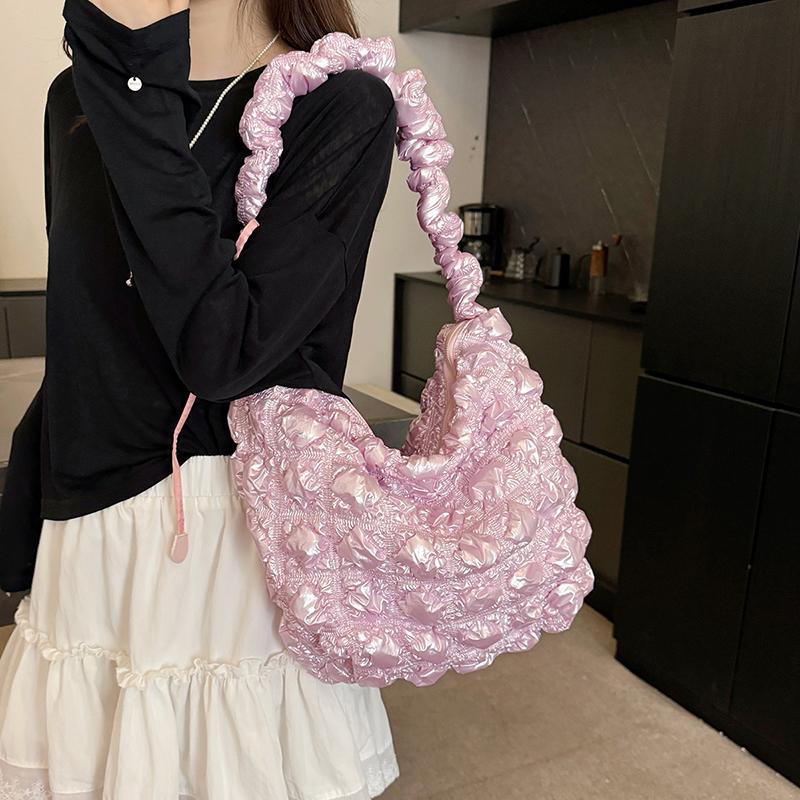 New Versatile Thread Sweet Women's Handbags Microfibersolid Color Commuting Tote Bags 2026 Plaid Ruched Shoulder Bags