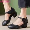 Fashion GKTINOO 2025 Summer Women Shoes New Soft Bottom Genuine Leather Women Sandals Retro Hollow Thick Heels Sandals For Mother