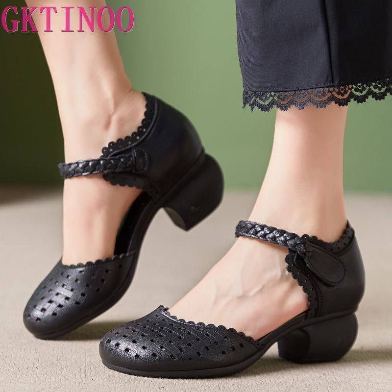 Fashion GKTINOO 2025 Summer Women Shoes New Soft Bottom Genuine Leather Women Sandals Retro Hollow Thick Heels Sandals For Mother
