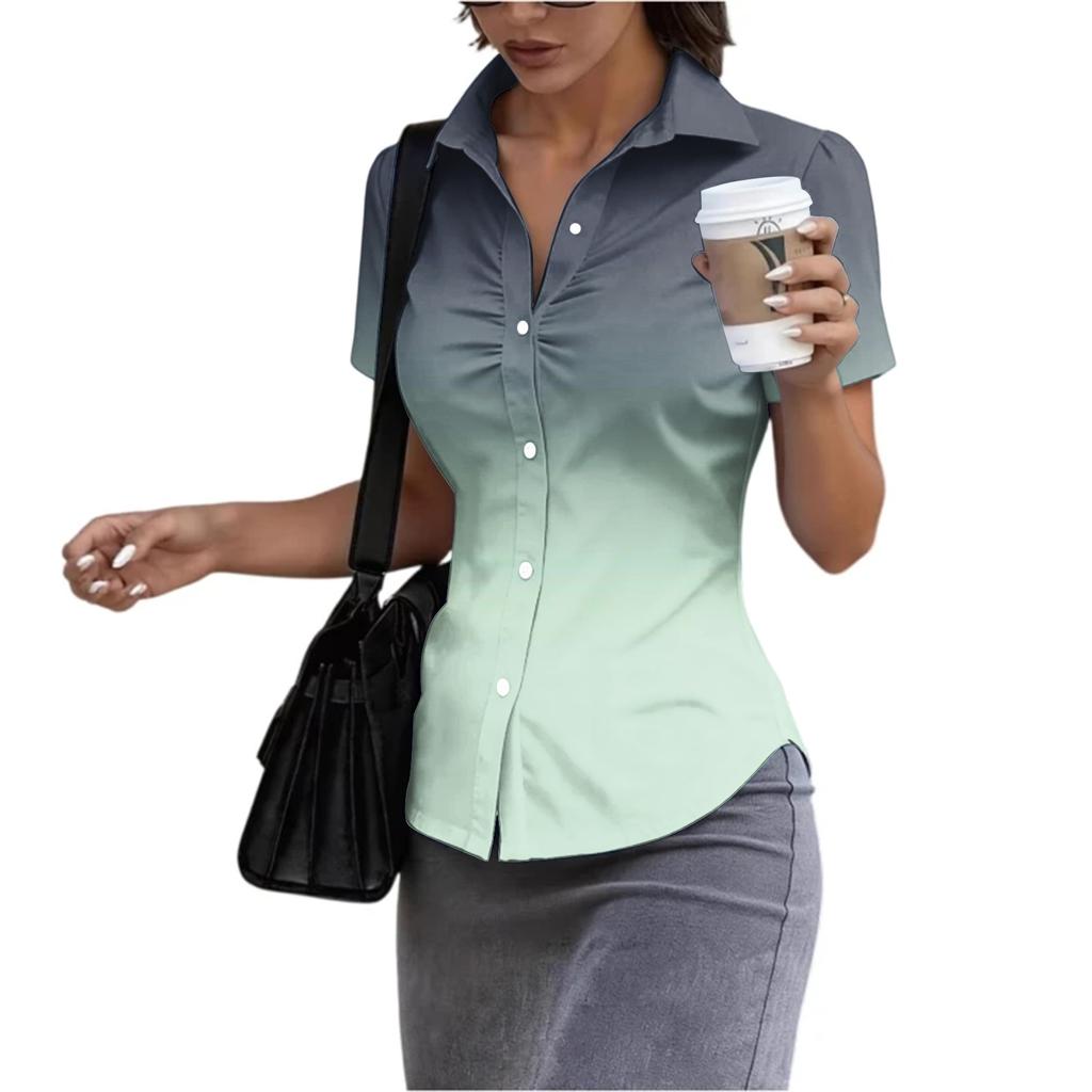 Women's Short Sleeve Button Down Shirt Slim Fit Collared Business Casual Office Blouse Tailored Top for Summer Workwear