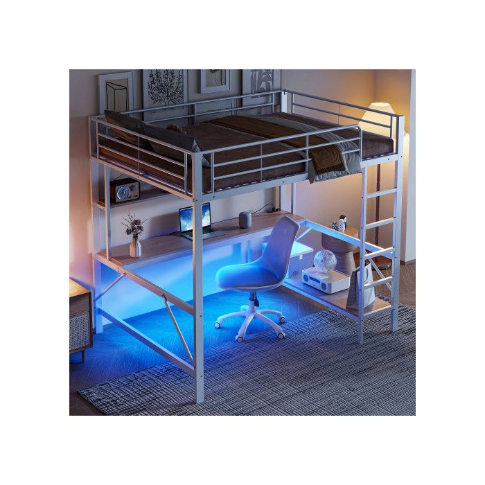 Lit Mezzanine - MUVOE - 140x200 Cm - Blanc - Prises USB Et Électrique - Éclairage 7 Couleurs