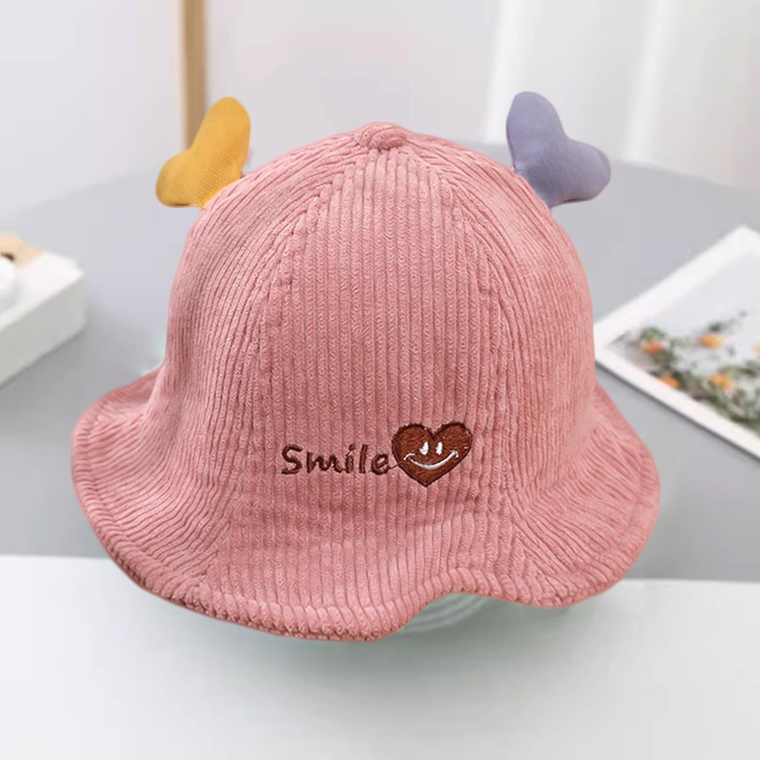 

Smiley corduroy children s hat fisherman hat four seasons with windproof rope cute antlers children s hat розовый
