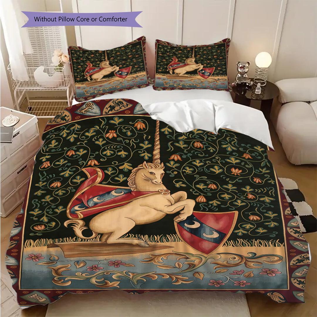 

Medieval Unicorn Hunting bedding, duvet cover, pillowcase, home decoration, birthday gift (1 * duvet cover+2 * pillowcase, coreless) 135x200cm