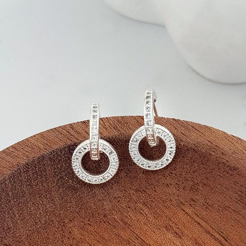 Корейские серьги-гвоздики с двойным кругом и цирконами - Универсальный дизайн для женщин