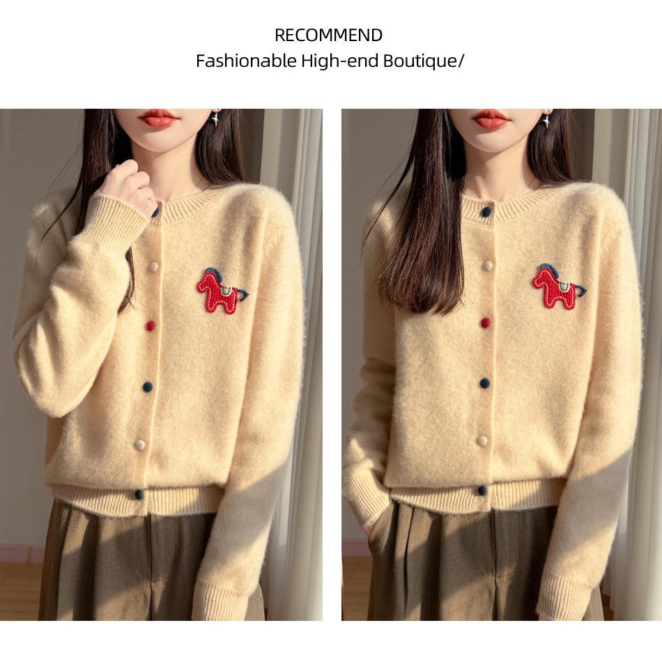 2026 Autumn/Winter Wool Sweater: Round-Neck Knit Cardigan with Colorful Buttons, Small Horse Design, Red Zodiac New Year Outerwear