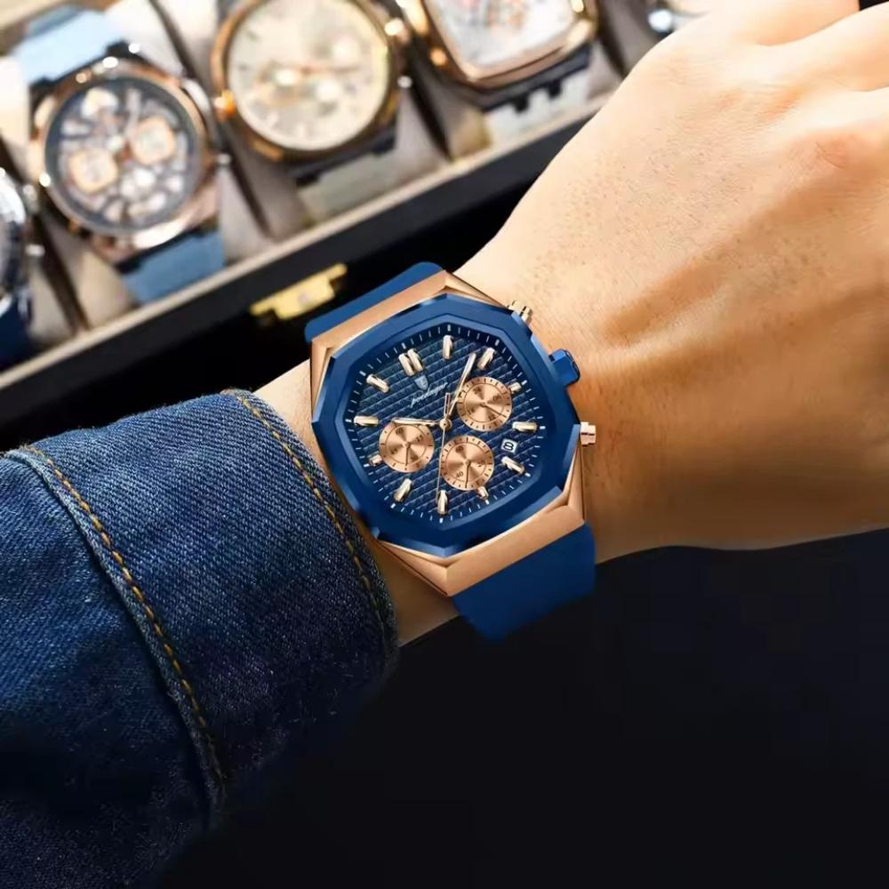 POEDAGAR Functional Watch for Men Date Chronograph Luminous Waterproof Silicone Classic Male Watch Quartz Original Watches