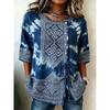 Women's Boho Tie-Dye & Geometric Print Drawstring Button Up Blouse, Casual Round Neck Tops for Spring Summer Daily Vacation Wear