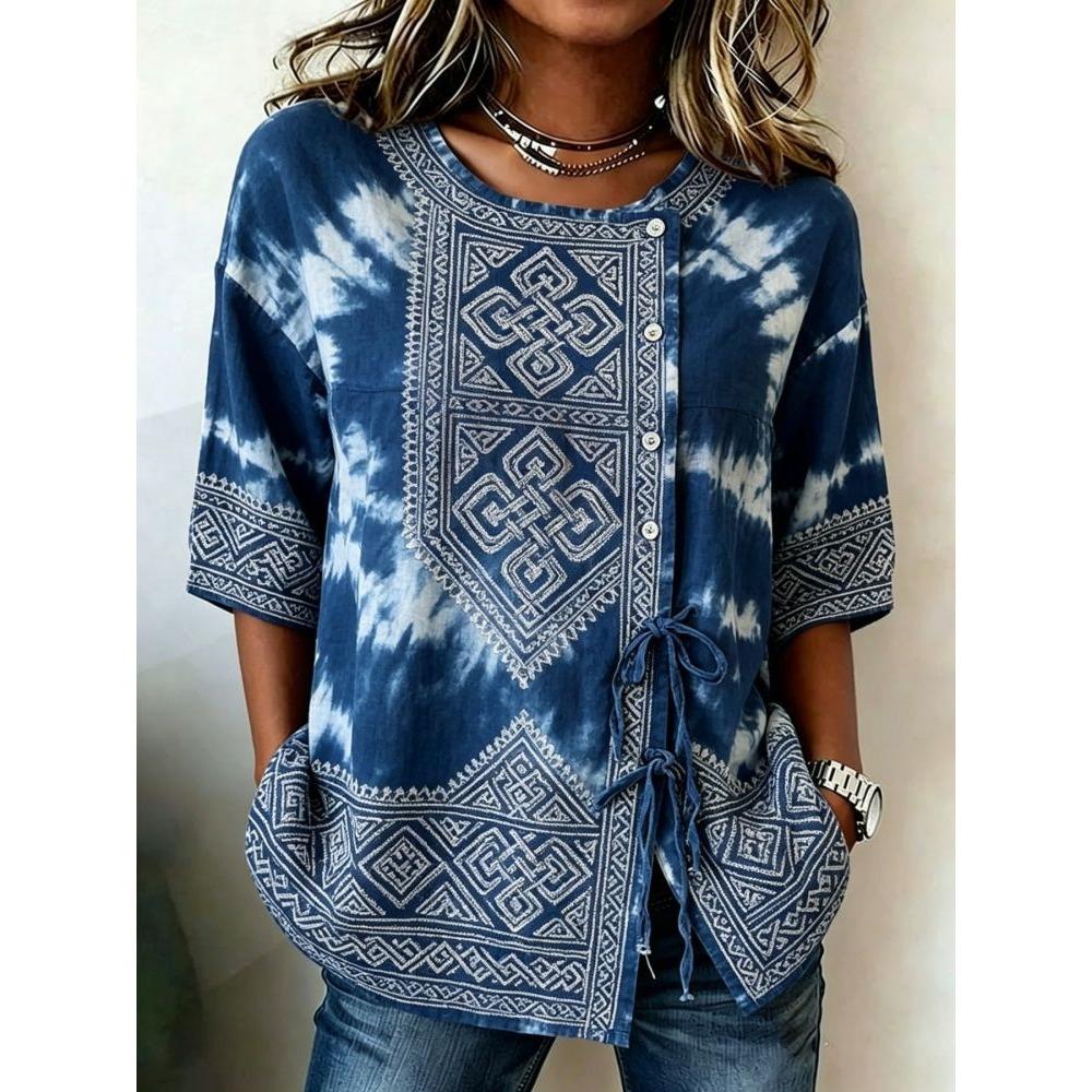 Women's Boho Tie-Dye & Geometric Print Drawstring Button Up Blouse, Casual Round Neck Tops for Spring Summer Daily Vacation Wear