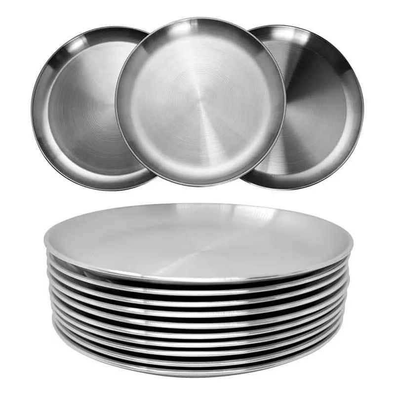 6Pcs Stainless Steels Round Plate Rust-Proof Shallow Tray Plate 14-30cm Camping Silver Camping Plate BBQ Picnic Dishes Cookware