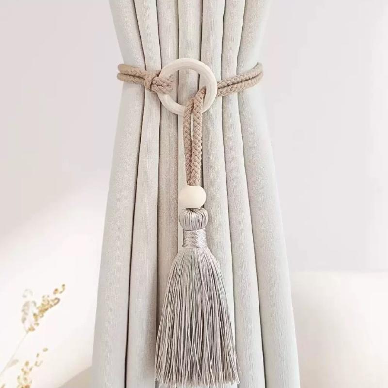 2 PCS Adjustable Cotton Cord Curtain Tiebacks Curtain Straps Bohemian Chic Log Loop Hand Woven Curtain Buckle Strap With Tassels