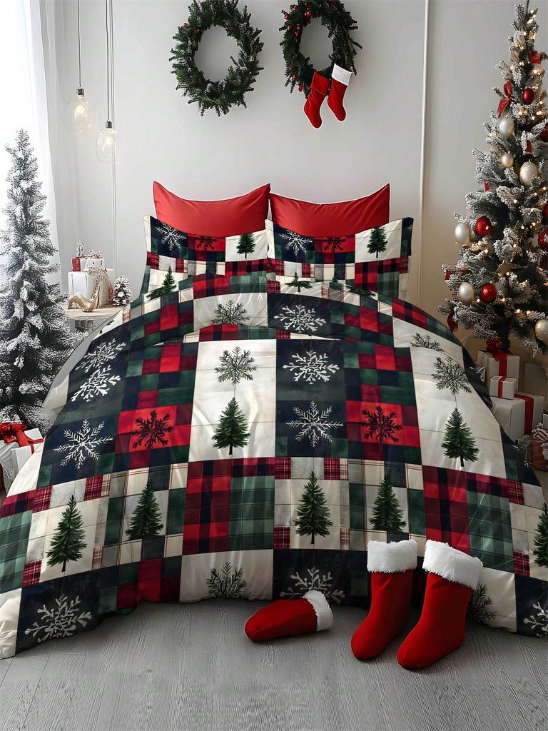 2/3pcs Christmas Tree, Gift, Snowflake, Deer, Santa Claus Pattern Digital Printing Brushed Duvet Cover Set, Soft & Comfortable