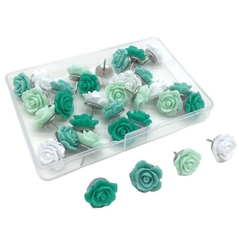 

30Pcs Floral Thumb Tacks for Wall Bulletin Board Travel Map Flower Drawing Pins Rose Decorative Push Pins for Cork Board зелений