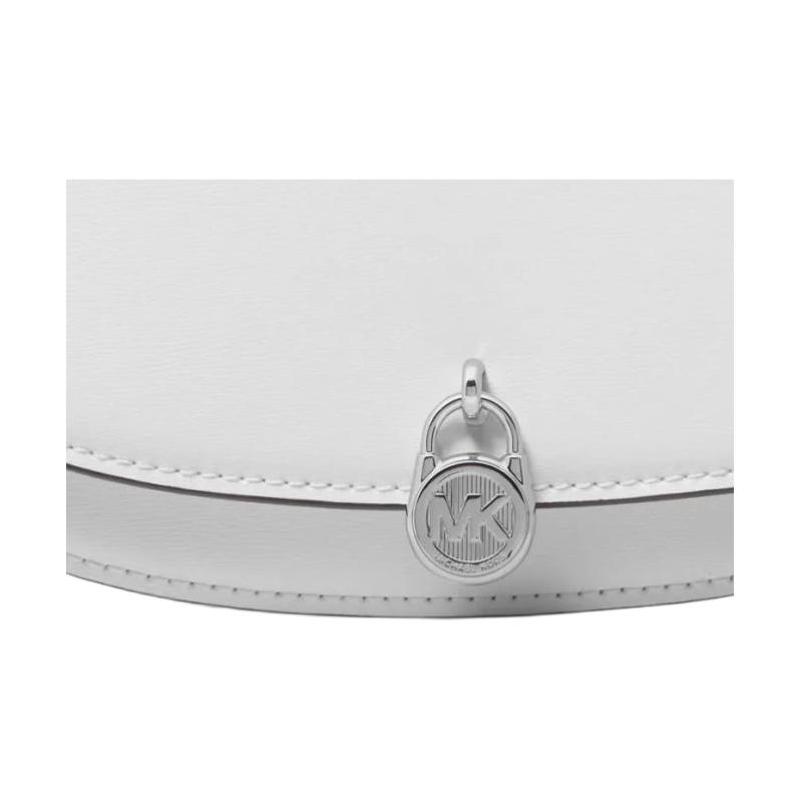 Michael Kors Mila Silver Signature Lock Oval Flap Design Cowhide Shoulder Crossbody Bag Small Women's White